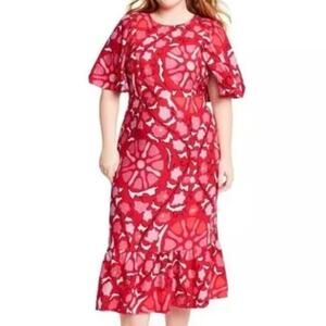 RHODE x TARGET NWT Linen Zinnia Floral Print Bell Sleeve Midi Dress Red Pink 14
